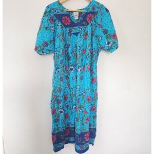 Womens Daffodil Muumuu Blue Floral Dress with Pockets 2X Made in India